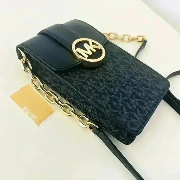 Michael Kors Purse Carmen Phone Crossbody Bag Black Signature - Picture 4 of 6